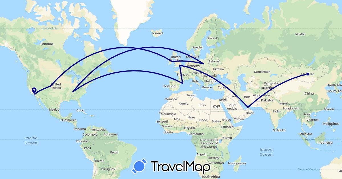 TravelMap itinerary: driving in United Arab Emirates, Spain, United Kingdom, Ireland, Mongolia, Poland, United States (Asia, Europe, North America)